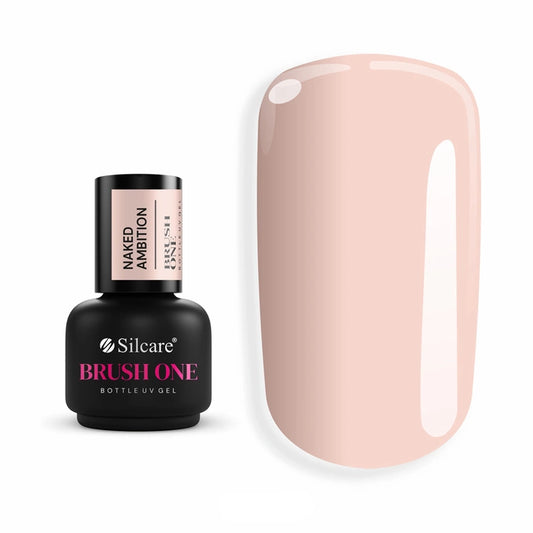Brush One Bottle Gel (15g) in Naked Ambition, an elegant beige-pink shade, displayed alongside a large nail tip showing the opaque, subtle color.