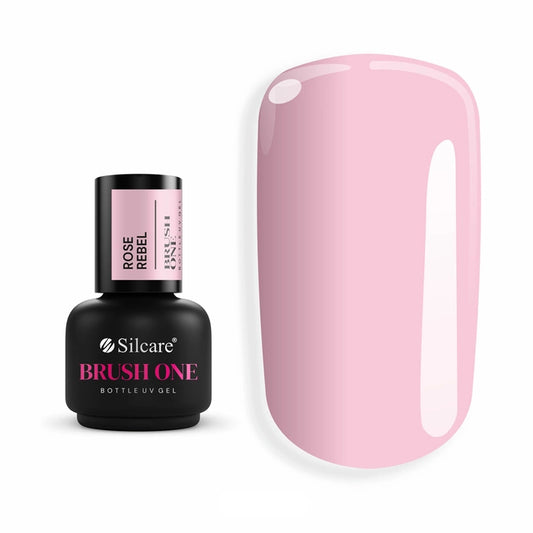 Brush One Bottle Gel (15g) in Rose Rebel, set next to a large nail tip, displaying the opaque, rich, deep rose pink color sample.