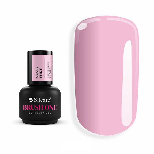 Brush One Bottle Gel (15g) in Sassy Flirt, set next to a nail tip, displaying the opaque, sweet, light pink color sample.