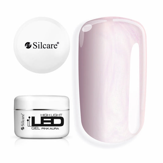 Large 100g jar of High Light LED Aura Pink Builder Gel, set next to a nail tip, displaying the captivating pink pearl effect with MICA glitter particles.