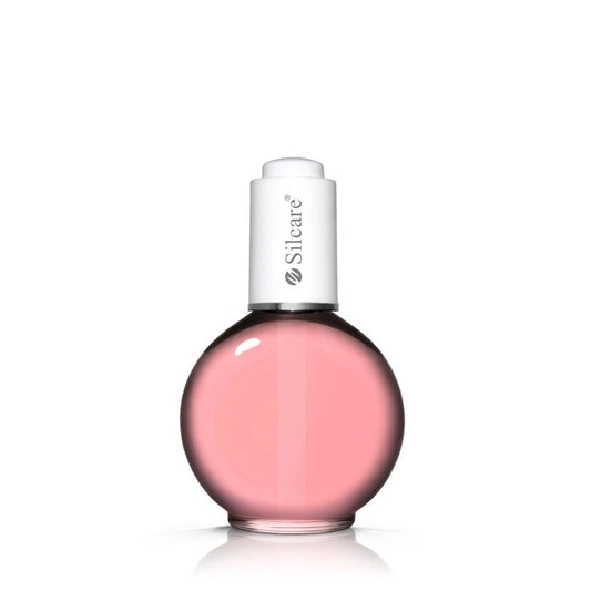 Silcare Flower Power Nail and Cuticle Oil in a 75ml round glass dropper bottle with pink liquid.