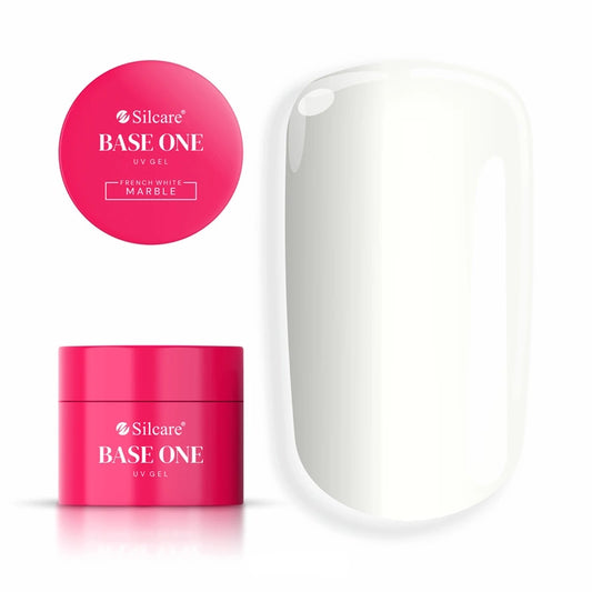 UV Builder Gel in French White Marble, showing pink product jar and white nail swatch - Base One Silcare.