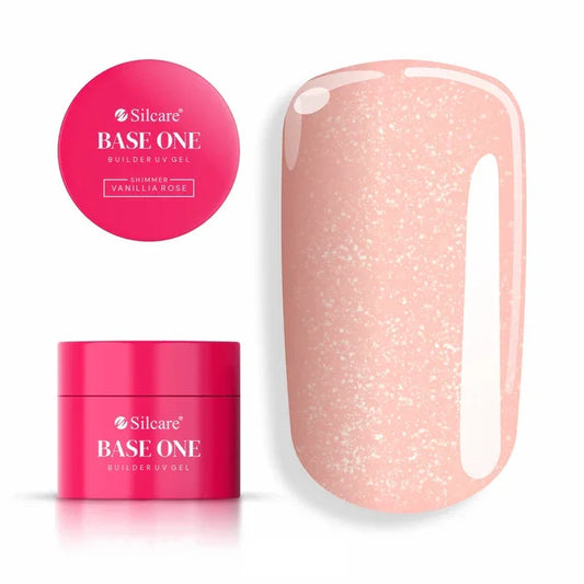 Silcare Base One Builder UV Gel in Shimmer Vanillia Rose, a soft peach-pink glitter nail gel with a high-shine swatch. Silcare.