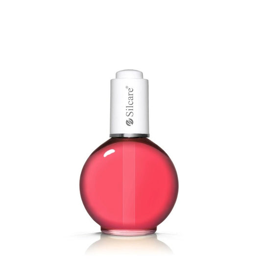 Silcare Nail and Cuticle Oil Yummy Gummy Pink in a round glass bottle with a white dropper cap, isolated on a clean white background.