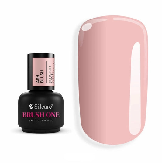 Silcare Brush One Ash Blush BIAB Bottle Gel in a soft dusty blush pink shade, shown with the product bottle and a glossy nail colour swatch on a white background. Professional builder gel for natural nail strengthening, overlays and salon manicures.