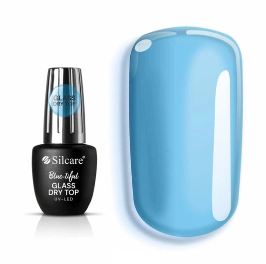 Semi-transparent blue glass effect gel top coat no wipe by Silcare with high shine finish on nail sample