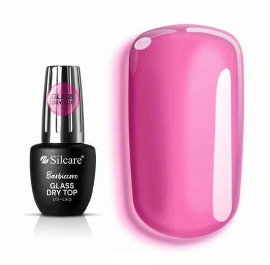 Silcare Glass Dry Top Barbiecore semi-transparent pink gel top coat bottle with pink glass effect nail sample on white background