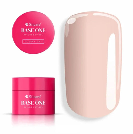 Silcare Base One Builder Gel Cover Light shade with pink jar packaging and lid label, displayed next to a glossy nude beige nail colour swatch on a clean light background, showing smooth opaque coverage and natural nail enhancement tone.