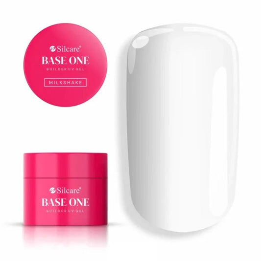 Silcare Base One Builder Gel Milkshake with product jar and colour swatch, professional self-levelling UV LED builder gel in a milky white shade for natural nail overlays, extensions and elegant salon-quality manicures in Australia.
