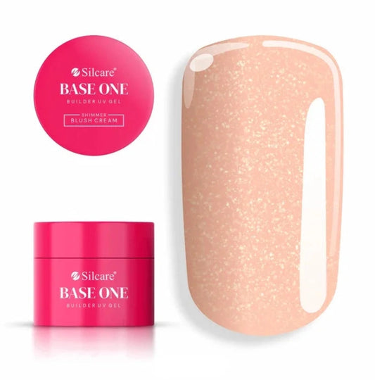 Silcare Base One Builder Gel Shimmer Blush Cream with product jar and colour swatch, professional self-levelling UV LED builder gel in a soft blush pink shade with fine shimmer for natural nail overlays, elegant extensions and salon-quality manicures in Australia.
