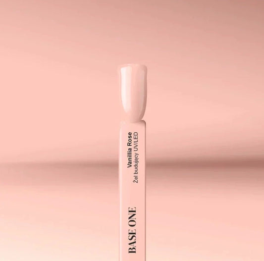 Silcare Base One Builder Gel Vanillia Rose colour swatch on display stick, showing soft warm nude pink shade with glossy smooth finish against a minimal pastel background, highlighting true gel colour and professional salon-quality texture.