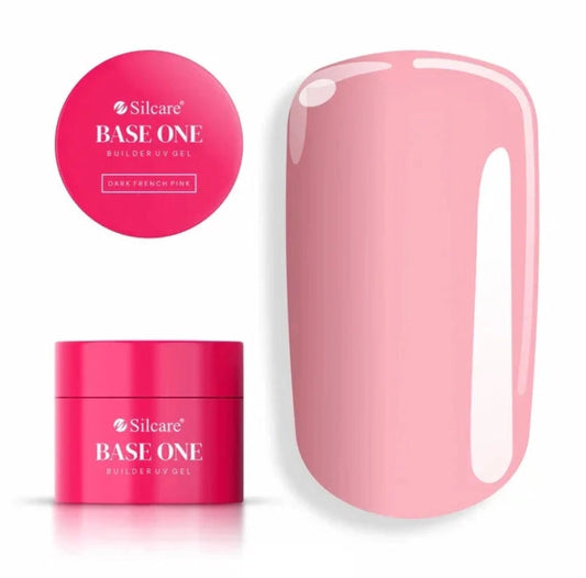 Silcare Base One Builder UV Gel in Dark French Pink displayed in a bright pink cosmetic jar with a matching lid, alongside a nail swatch showing the glossy soft pink finish. The image highlights the smooth, natural-looking colour and professional salon-quality gel texture.