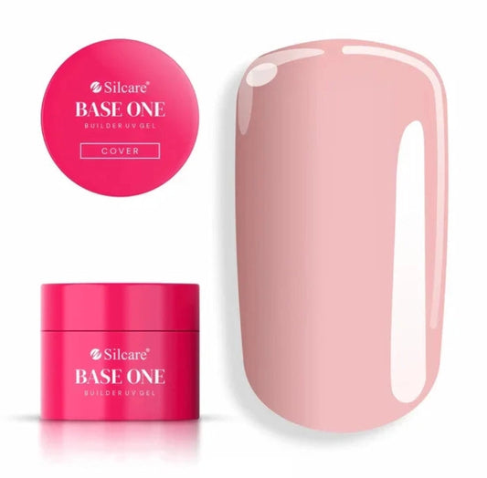 Silcare Base One Cover builder UV gel in pink jar with lid label and nude beige nail swatch showing smooth glossy coverage and natural tone finish