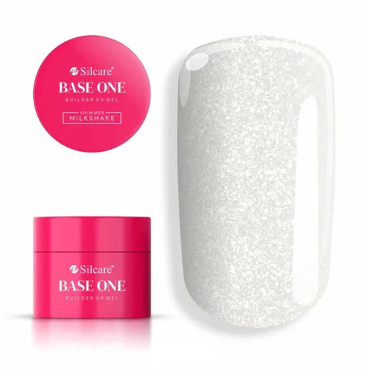 Silcare Base One Shimmer Milkshake builder gel with product jar and colour swatch, showcasing a milky white shimmer finish with fine reflective sparkle, self-levelling UV/LED builder gel for elegant natural-looking nails – Silcare Australia.