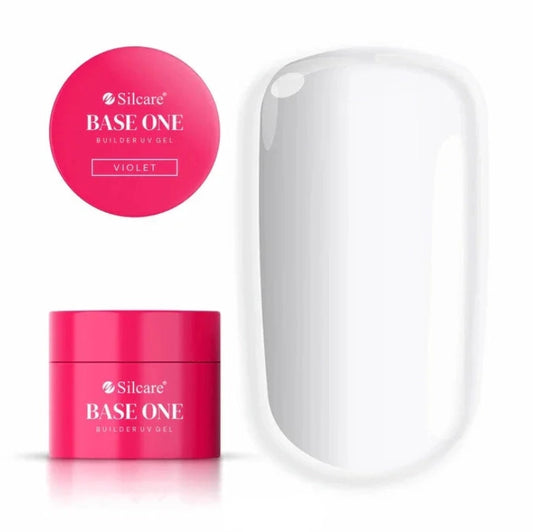 Silcare Base One Violet builder UV gel pink container with lid label and transparent nail tip swatch demonstrating clear self-levelling gel finish