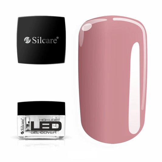 Silcare High Light LED Cover UV/LED builder gel 15g jar with black lid displayed beside a large colour swatch, showcasing a natural dusty pink cover shade with a glossy salon-quality finish. Professional self-levelling HEMA-free builder gel for nail extensions, overlays, apex building and natural nail reinforcement – Silcare Australia.