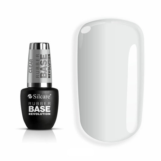 Silcare Rubber Base Revolution Clear nail gel bottle standing, professional aesthetic studio lighting for high-end nail technician supplies.