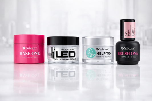 Silcare professional UV/LED nail gels and builder gels collection on a white reflective surface.