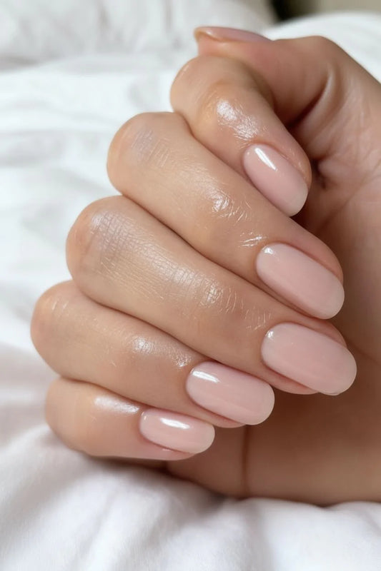 Nails finished with Base One Brush One Bottle Gel (15g) in Ash Blush, displaying a smooth, cool-toned dusty rose with beige manicure for elegant, opaque coverage.