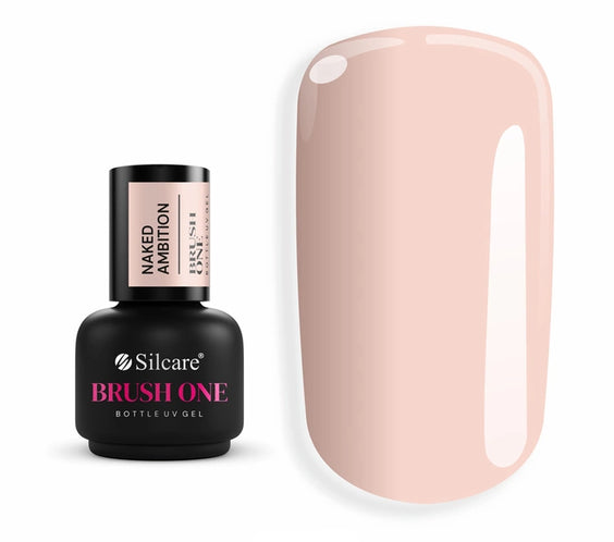 Brush One Bottle Gel (15g) in Naked Ambition, an elegant beige-pink shade, displayed alongside a large nail tip showing the opaque, subtle color.