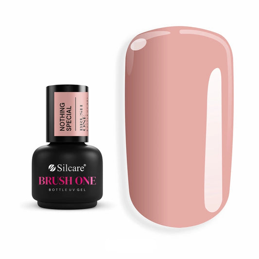 Brush One Bottle Gel (15g) in Nothing Special, set next to a large nail tip, displaying the opaque, pink shade with warm terracotta undertones.