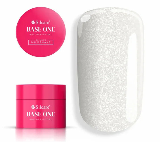 Silcare Base One Builder UV Gel in Shimmer Milkshake, a milky white builder gel with fine silver glitter shimmer for nail extensions and overlays.