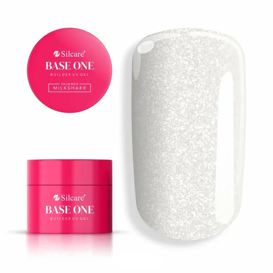 Silcare Base One Builder UV Gel in Shimmer Milkshake, a milky white builder gel with fine silver glitter shimmer for nail extensions and overlays.