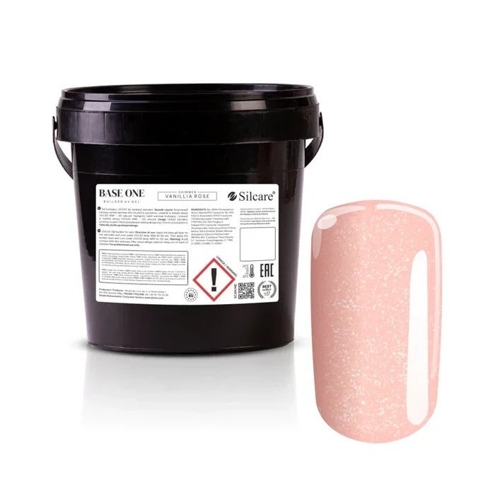 A 1kg black industrial-sized bucket of Silcare Base One Builder UV Gel in the shade Shimmer Vanillia Rose, featuring a soft pastel pink colour swatch with a subtle glitter finish.