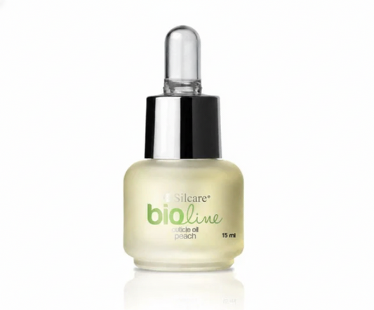 Silcare Bio Line Peach Cuticle Oil 15ml bottle with dropper applicator.