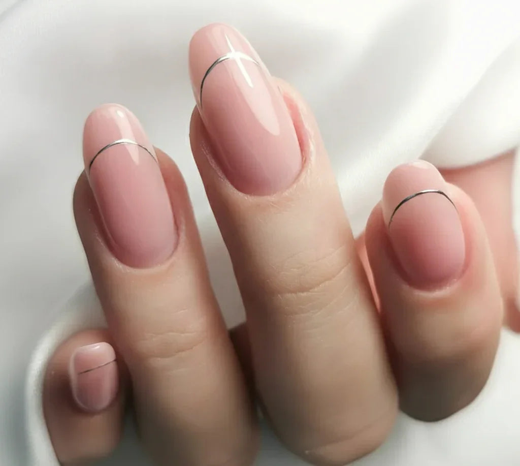 Nails finished with Base One Cover Dark UV builder gel (15g), displaying a smooth, opaque, deep beige with pink natural camouflage manicure.