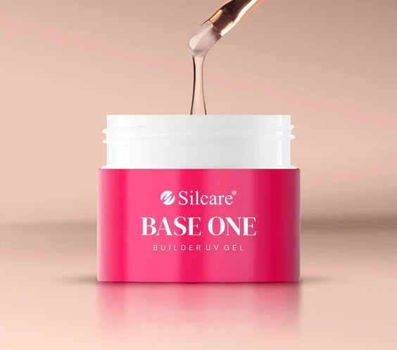 The 15g jar of Silcare Base One Cover Dark builder gel displayed with the correct application brush for system use.