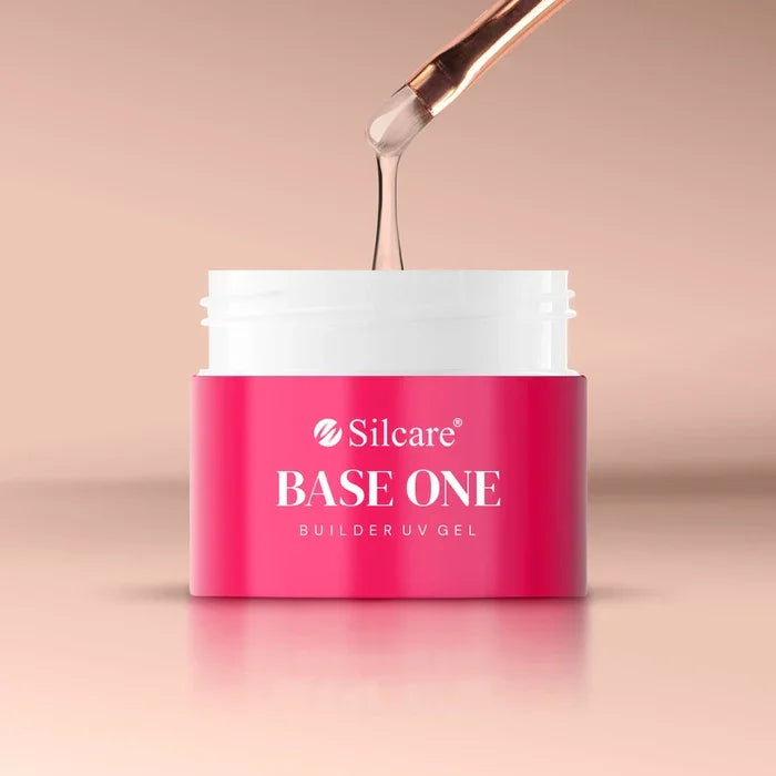 The 15g jar of Silcare Base One Cover Dark builder gel displayed with the correct application brush for system use.