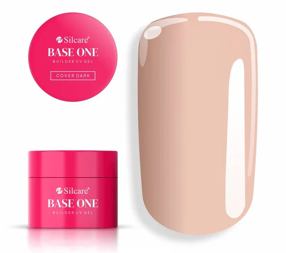 Close-up of the Silcare Base One Cover Dark UV building gel jar (15g), showcasing the rich, deep beige color.
