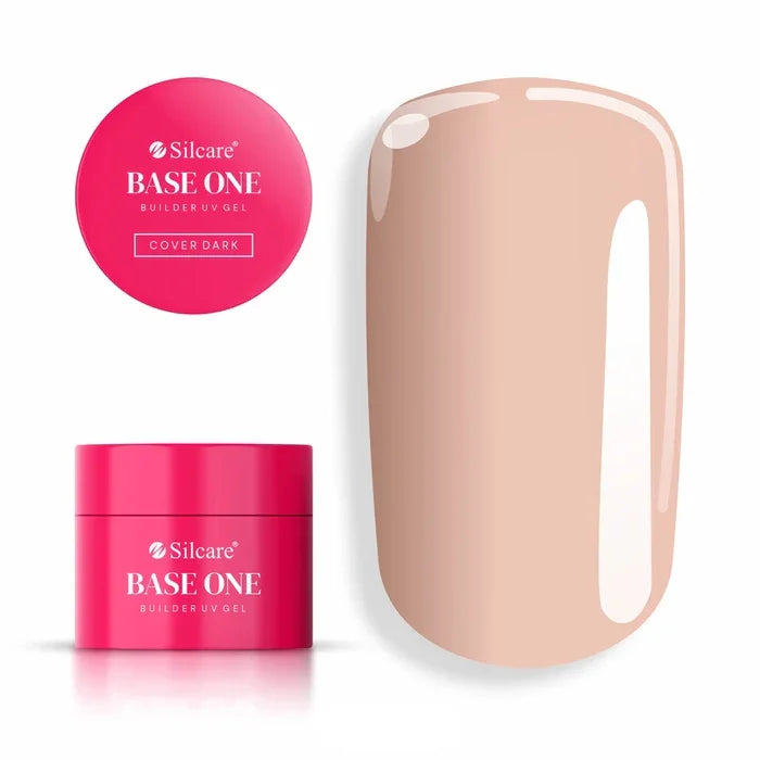 Close-up of the Silcare Base One Cover Dark UV building gel jar (15g), showcasing the rich, deep beige color.