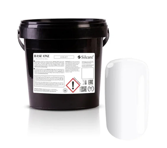 Large 1kg bucket of Silcare Base One Violet UV building gel, showcasing the clear formula with a yellow-neutralizing tint for professional bulk use.
