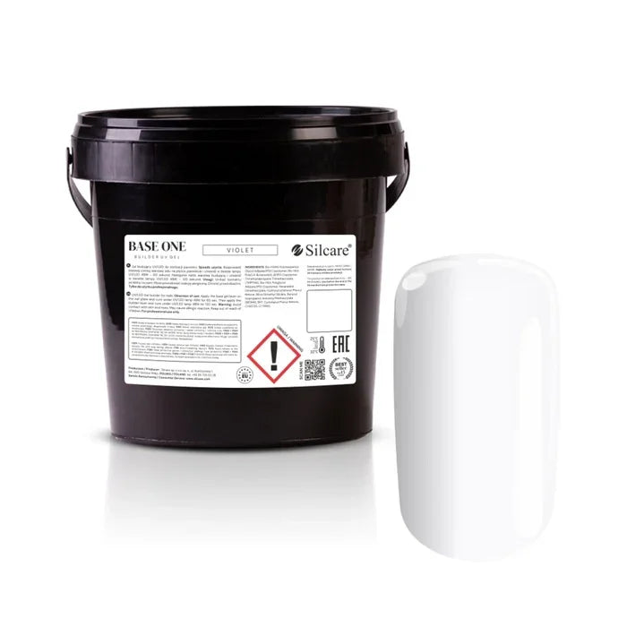 Large 1kg bucket of Silcare Base One Violet UV building gel, showcasing the clear formula with a yellow-neutralizing tint for professional bulk use.