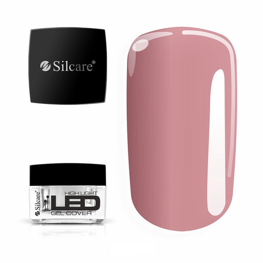 Jar of High Light LED Cover Builder Gel (15g), set next to a nail tip, displaying the opaque, natural nude pink color for nail bed extensions.