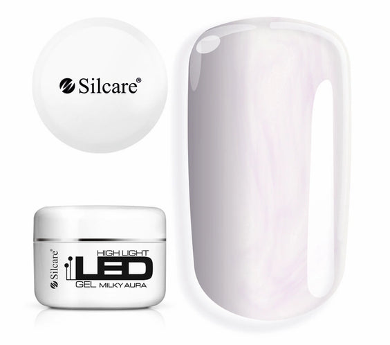 Jar of High Light LED Aura Milky Builder Gel (100g), set next to a large nail tip, displaying the unique milky-pearl sheen with sparkling MICA particles.