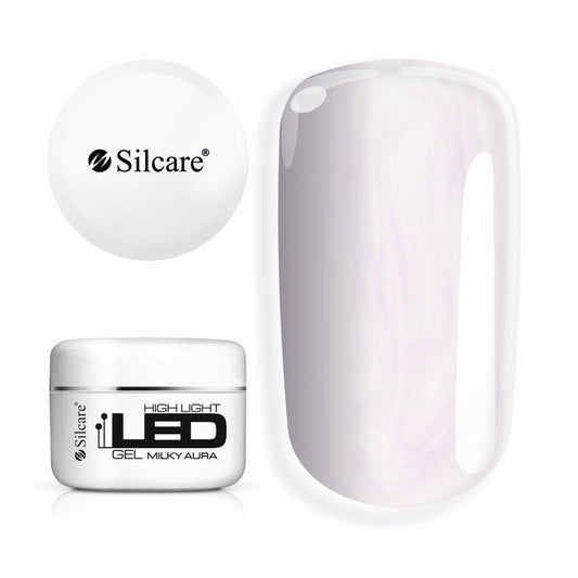 Jar of High Light LED Aura Milky Builder Gel (100g), set next to a large nail tip, displaying the unique milky-pearl sheen with sparkling MICA particles.