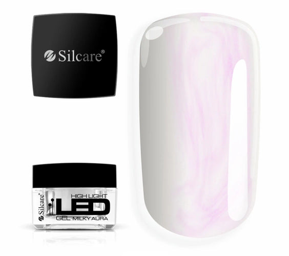 Jar of High Light LED Aura Milky Builder Gel (15g), set next to a large nail tip, displaying the unique milky-pearl sheen with sparkling MICA particles.