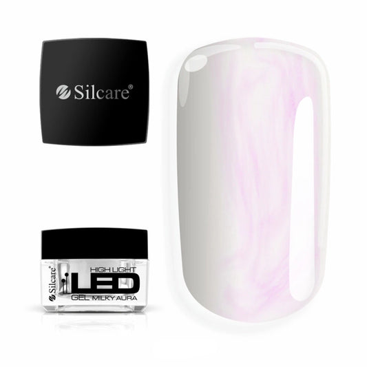 Jar of High Light LED Aura Milky Builder Gel (15g), set next to a large nail tip, displaying the unique milky-pearl sheen with sparkling MICA particles.