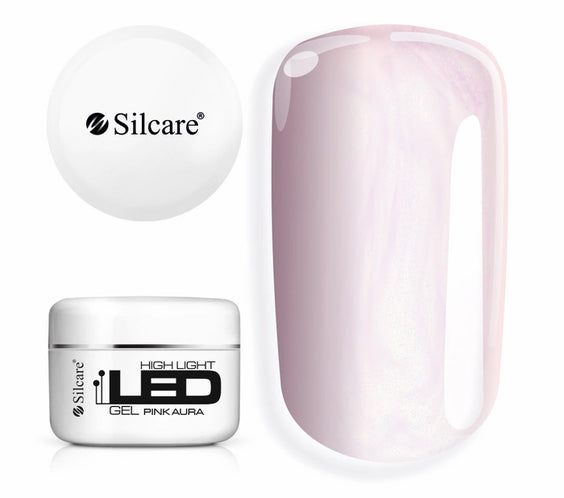 Large 100g jar of High Light LED Aura Pink Builder Gel, set next to a nail tip, displaying the captivating pink pearl effect with MICA glitter particles.