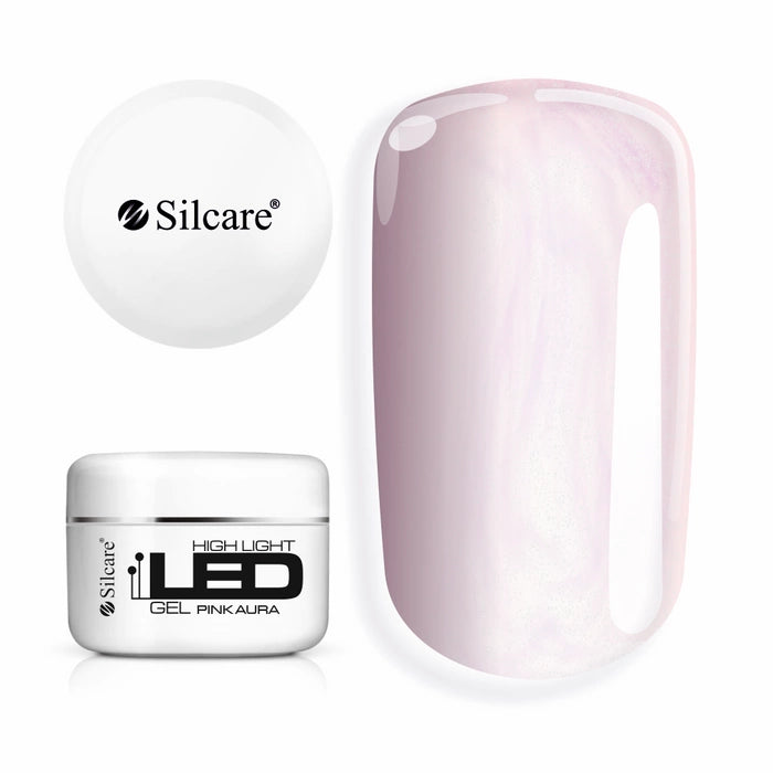 Large 100g jar of High Light LED Aura Pink Builder Gel, set next to a nail tip, displaying the captivating pink pearl effect with MICA glitter particles.