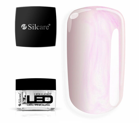 Jar of High Light LED Aura Pink Builder Gel (15g), set next to a large nail tip, displaying the captivating pink pearl effect with MICA glitter particles.