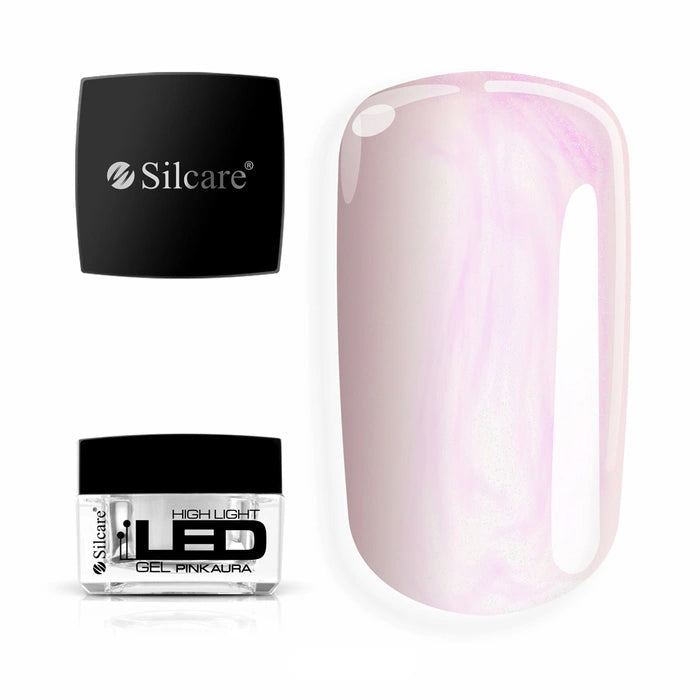 Jar of High Light LED Aura Pink Builder Gel (15g), set next to a large nail tip, displaying the captivating pink pearl effect with MICA glitter particles.