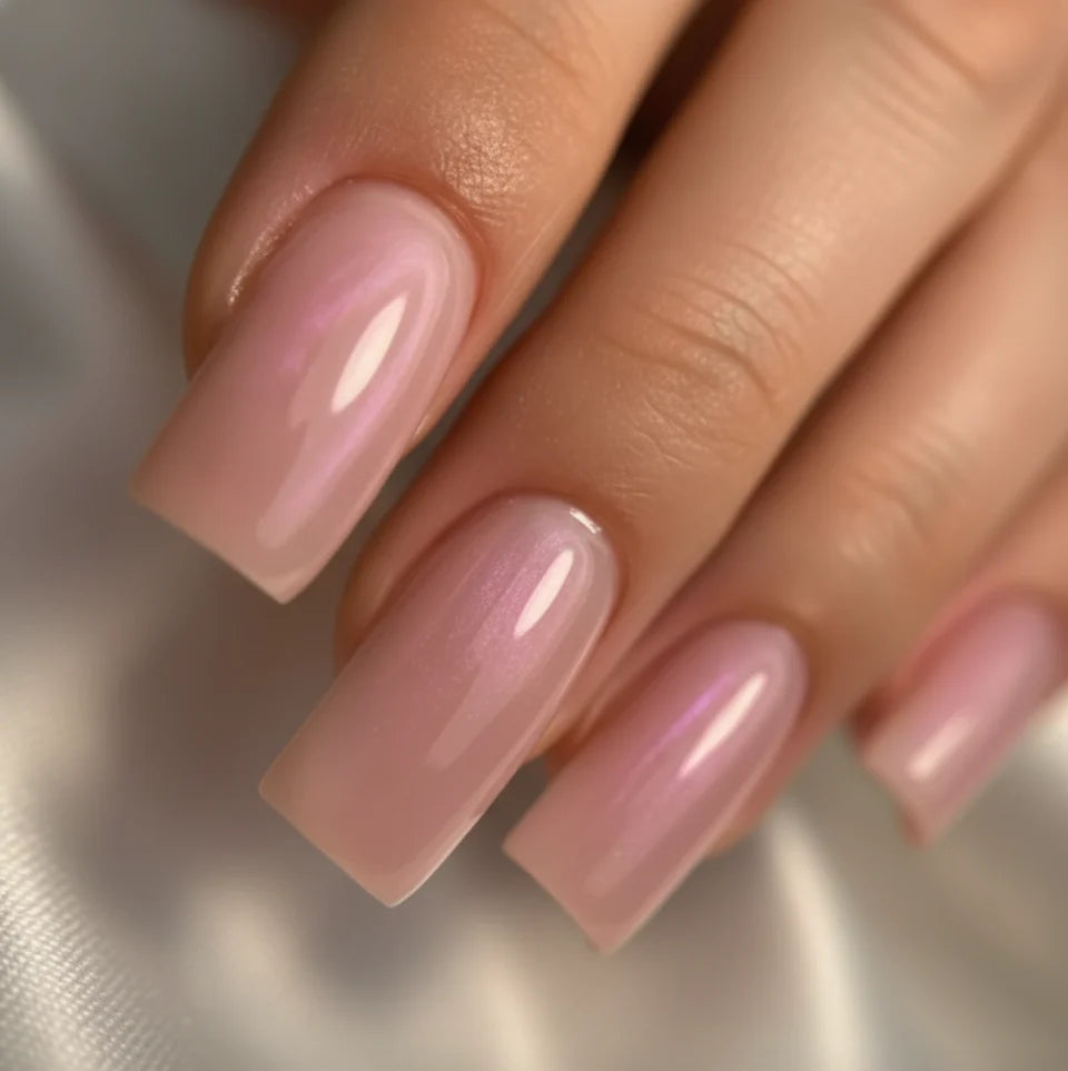 Nails finished with High Light LED Aura Pink Builder Gel (15g), displaying a smooth, full-coverage manicure with a beautiful pink pearl effect.