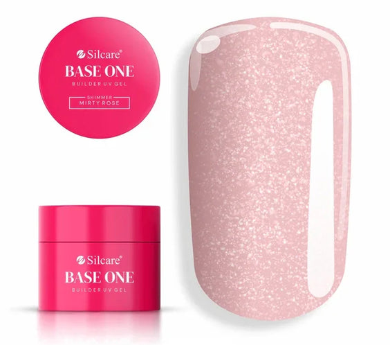 Jar of Base One Shimmer Misty Rose UV builder gel (15g) set next to a large nail tip, displaying the opaque, dusty rose shade with elegant shimmer particles.