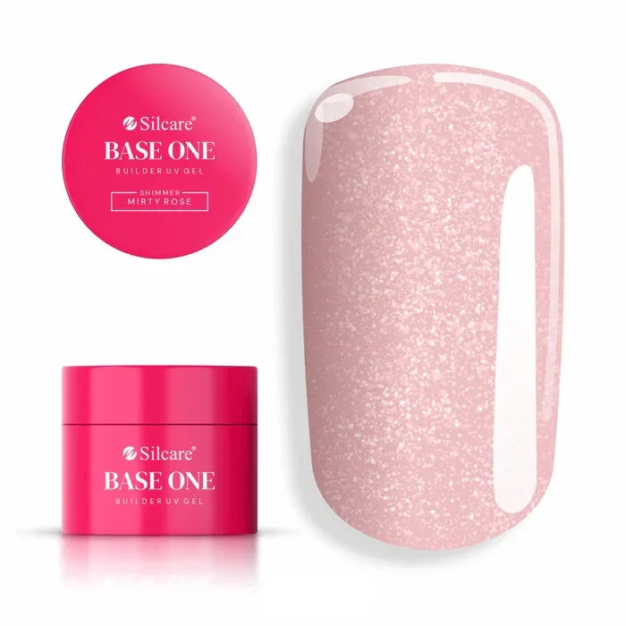 Jar of Base One Shimmer Misty Rose UV builder gel (15g) set next to a large nail tip, displaying the opaque, dusty rose shade with elegant shimmer particles.