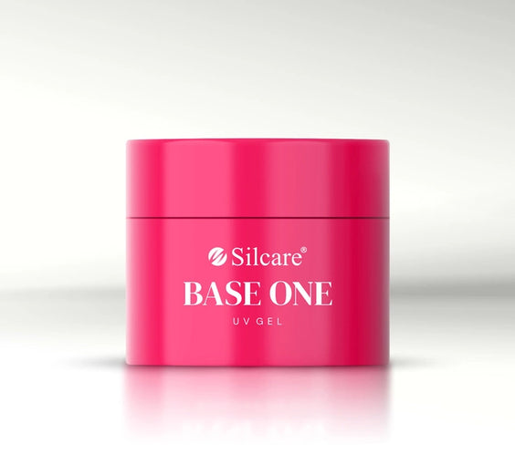 Front view of a pink jar of French White Marble UV gel from the Base One line by Silcare.