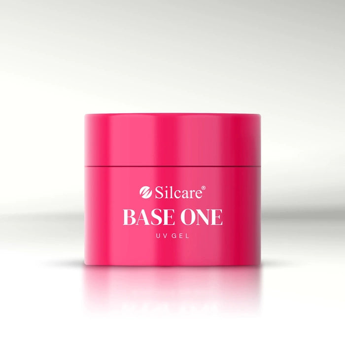 Front view of a pink jar of French White Marble UV gel from the Base One line by Silcare.